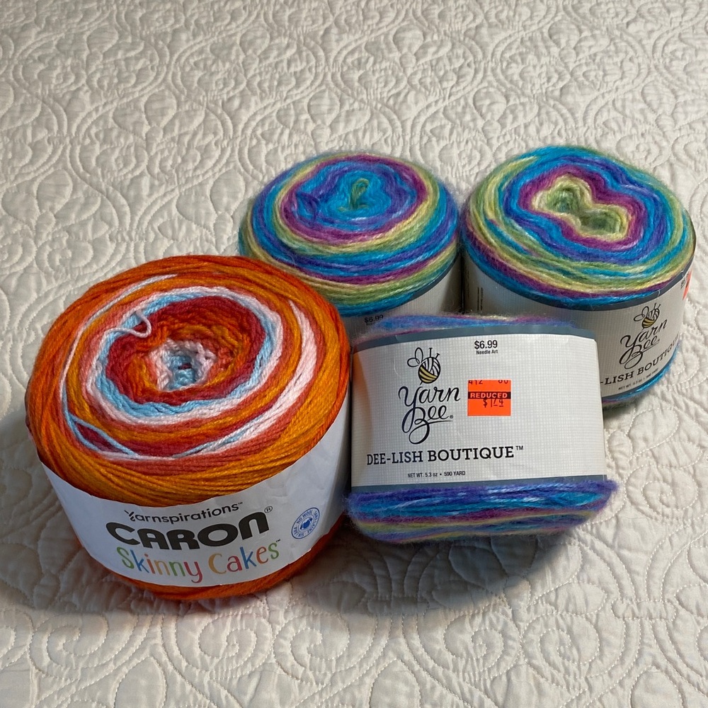 Caron Skinny Cakes Yarn & Yarn Bee Dee-Lish yarn cakes